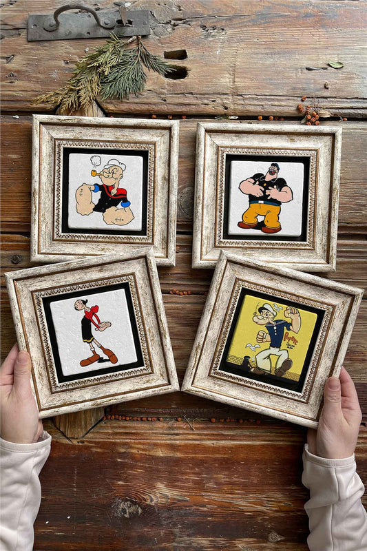 Framed Stone Painting Wall Decoration 8" x 8" Set of 4 Popeye Painting