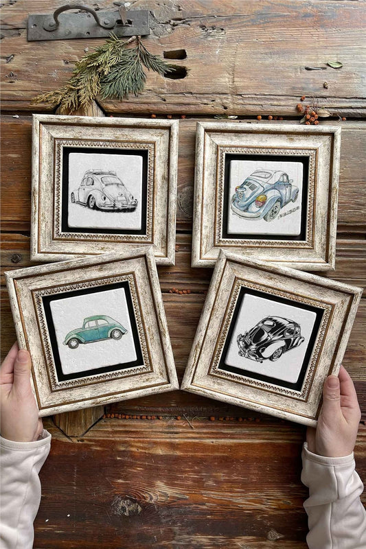 Framed Stone Painting Wall Decoration 8" x 8" Set of 4 Vosvos Set