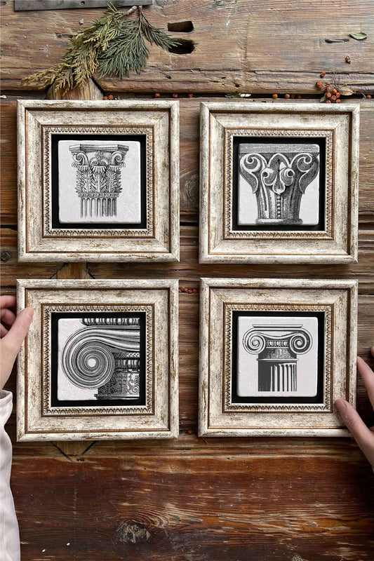 Framed Stone Painting Wall Decoration 8" x 8" Set of 4 Roman Columns Set