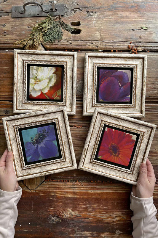Framed Stone Painting Wall Decoration 8" x 8" Set of 4 Flower Set Flower Set