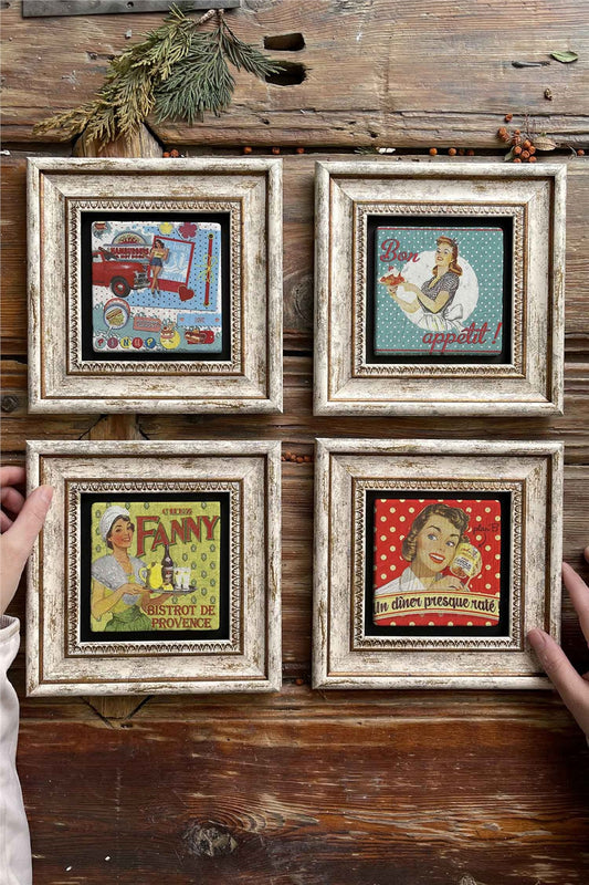 Framed Stone Painting Wall Decoration 8" x 8" Set of 4