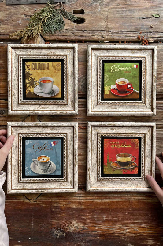 Framed Stone Painting Wall Decoration 8" x 8" Set of 4 Colombia Cafe