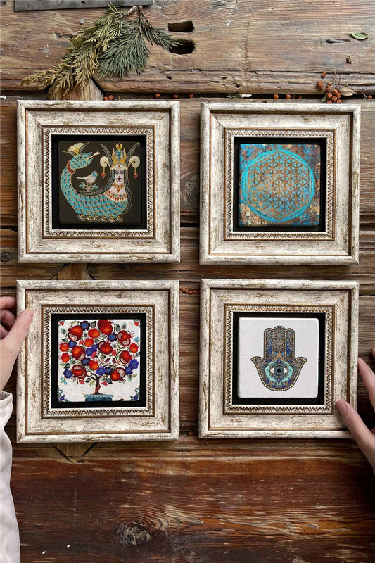 Framed Stone Painting 8" x 8" Set of 4(1213-1090-471-114)Şahmeran Life Pomegranate Tree