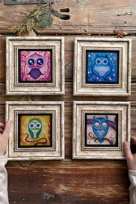 Framed Stone Painting Wall Decoration 8" x 8" Set of 4
