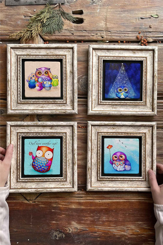 Framed Stone Painting Wall Decoration 8" x 8" Set of 4 Owl Set