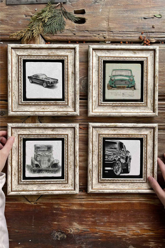 Framed Stone Painting Wall Decoration 8" x 8" Set of 4