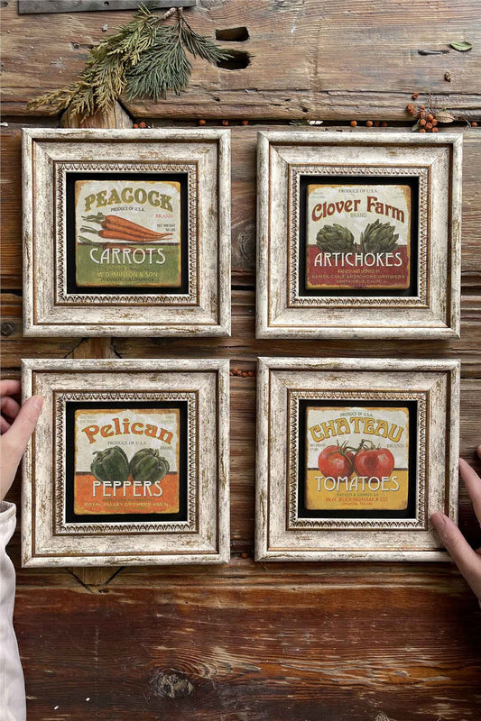 Framed Stone Painting Wall Decoration 8" x 8" Set of 4 Kitchen Paintings