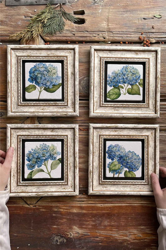 Framed Stone Painting Wall Decoration 8" x 8" Set of 4 Hydrangea Set