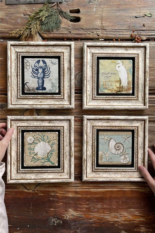 Framed Stone Painting Wall Decoration 8" x 8" Set of 4