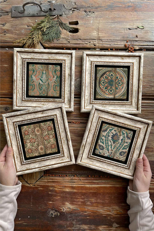 Framed Stone Painting Wall Decoration 8" x 8" Set of 4 Antique Patterns