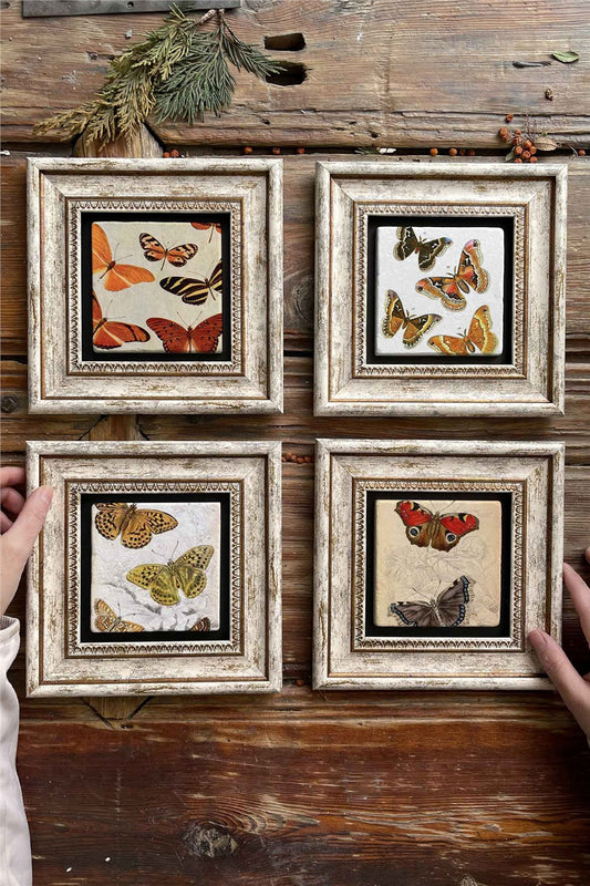 Framed Stone Painting Wall Decoration 8" x 8" Set of 4 Butterfly Butterfly Set