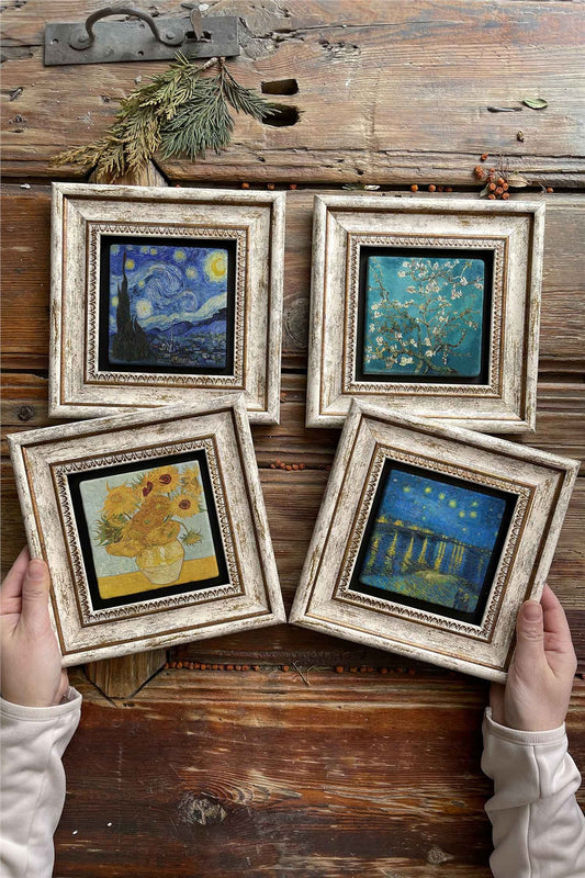 Framed Stone Painting Wall Decoration 8" x 8" Set of 4 Van Gogh Paintings