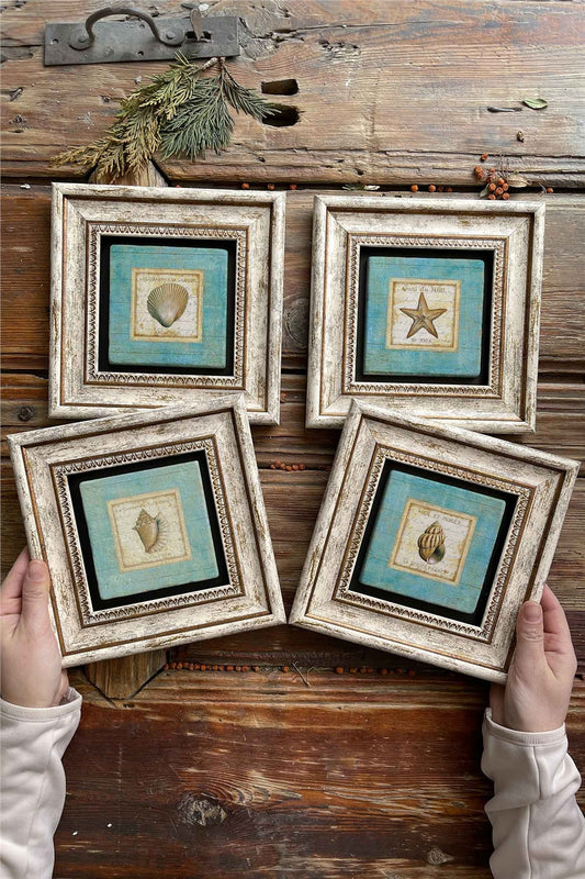 Framed Stone Painting Wall Decoration 8" x 8" Set of 4 Shell Set