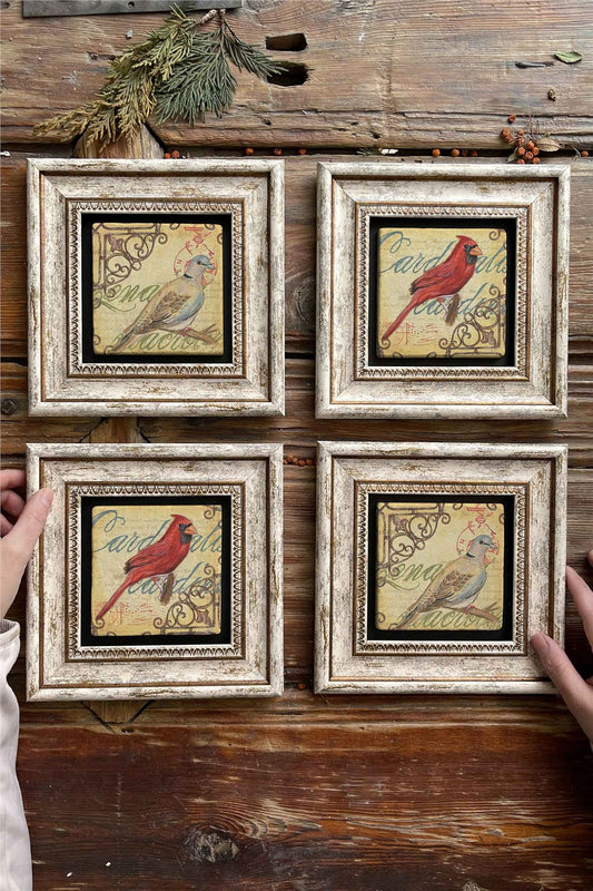 Framed Stone Painting Wall Decoration 8" x 8" Set of 4 Bird Set