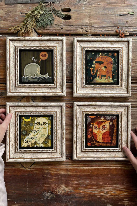 Framed Stone Painting Wall Decoration 8" x 8" Set of 4 Owls Elephant and Whale
