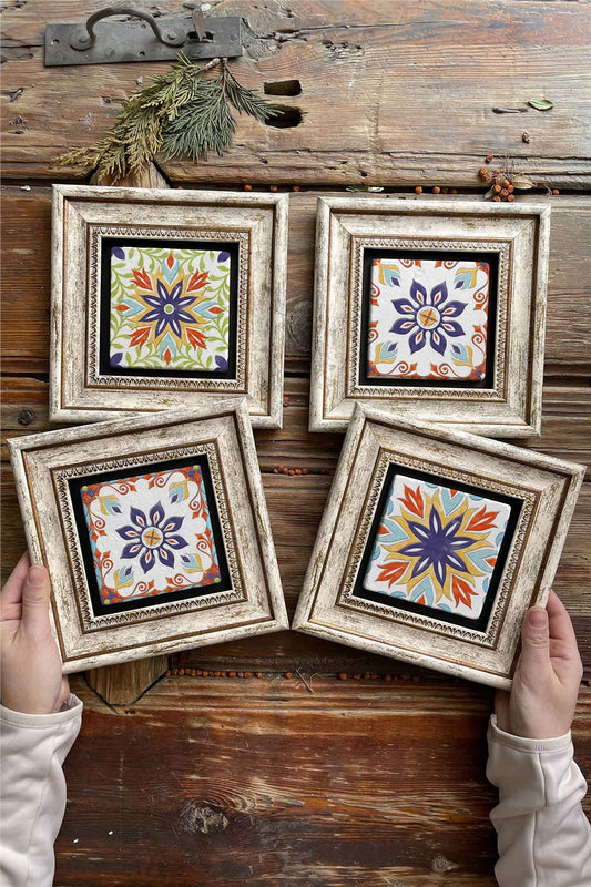 Framed Stone Painting Wall Decoration 8" x 8" Set of 4