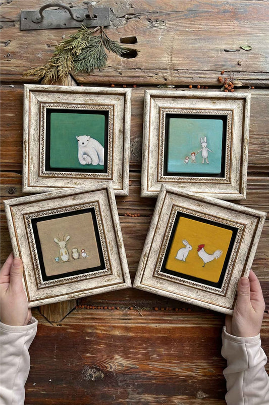 Framed Stone Painting Wall Decoration 8" x 8" Set of 4 Rabbit Rooster Bear Set