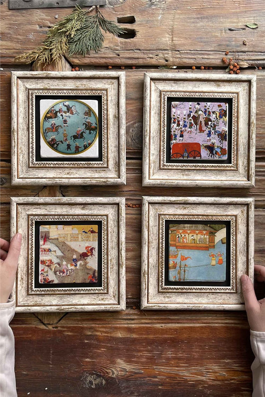 Framed Stone Painting Wall Decoration 8" x 8" Set of 4 Miniatures