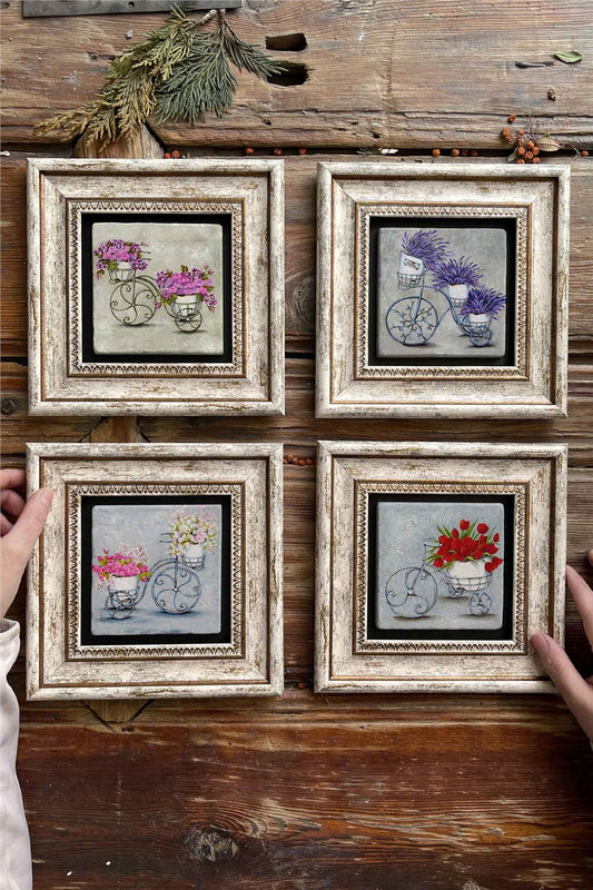 Framed Stone Painting Wall Decoration 8" x 8" Set of 4