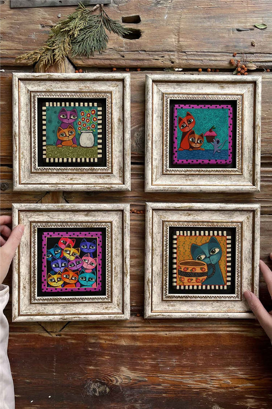 Framed Stone Painting Wall Decoration 8" x 8" Set of 4 Cat Set