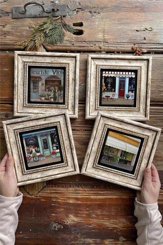 Framed Stone Painting Wall Decoration 8" x 8" Set of 4