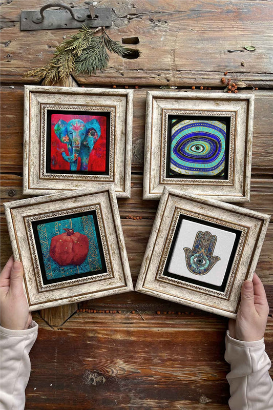 Framed Stone Painting 8" x 8" Set of 4(1488-1100-480-114)Elephant Evil Eye Pomegranate Fatma Ana