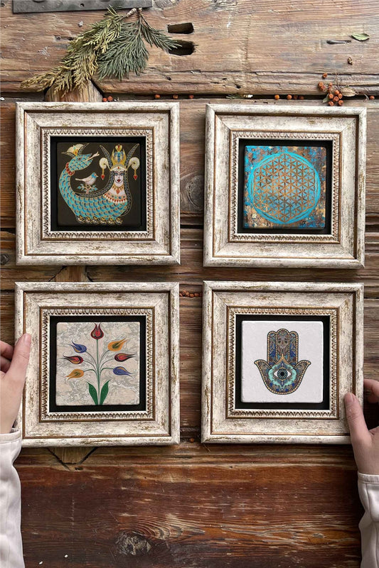 Framed Stone Painting 8" x 8" Set of 4(1213-1090-499-114)Şahmeran Ebruli Fatma Ana
