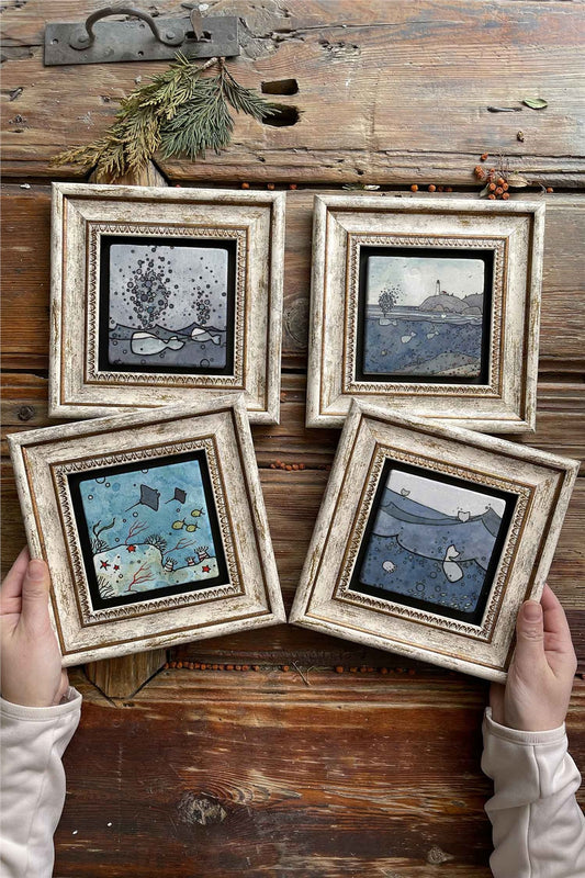 Framed Stone Painting Wall Decoration 8" x 8" Set of 4 Marine Set