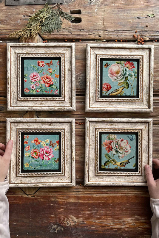 Framed Stone Painting Wall Decoration 8" x 8" Set of 4
