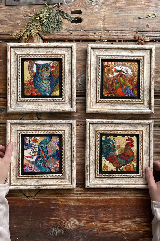 Framed Stone Painting Wall Decoration 8" x 8" Set of 4