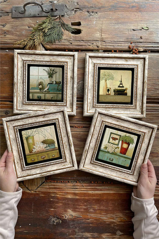 Framed Stone Painting Wall Decoration 8" x 8" Set of 4