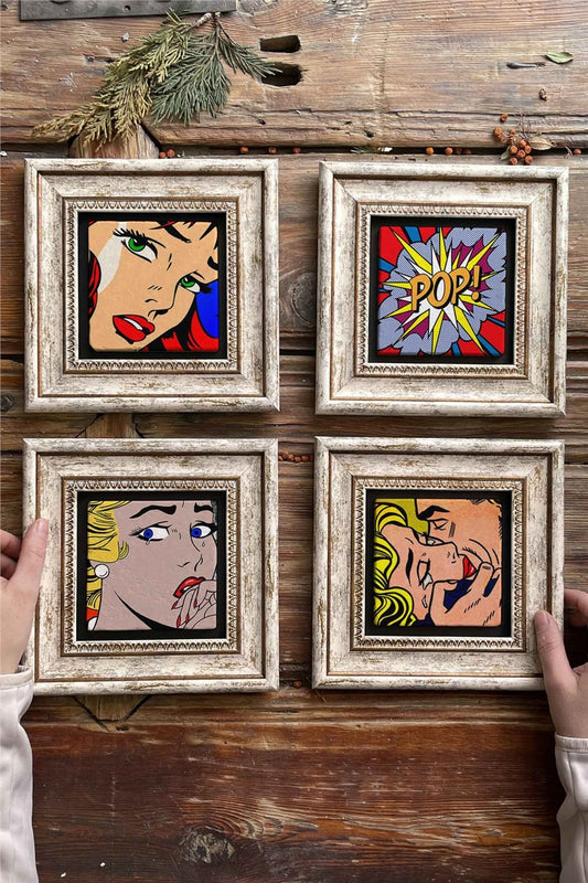 Framed Stone Painting Wall Decoration 8" x 8" Set of 4