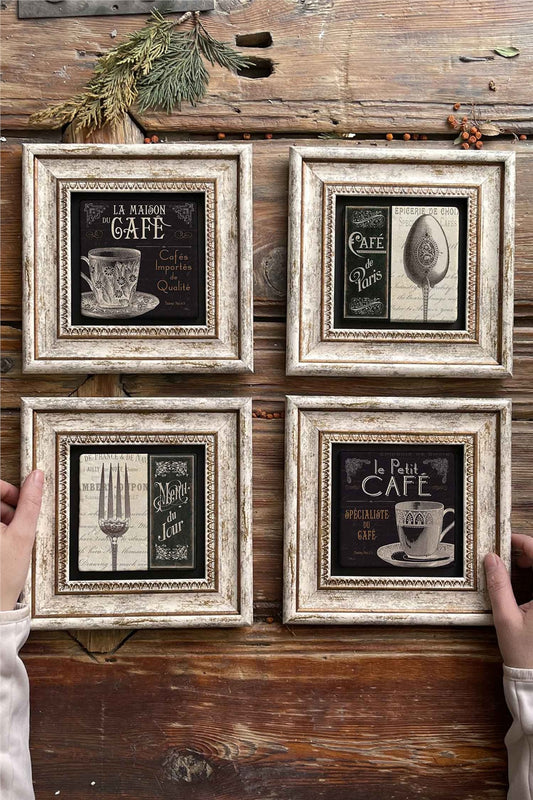 Framed Stone Painting Wall Decoration 8" x 8" Set of 4 Cafe de Paris
