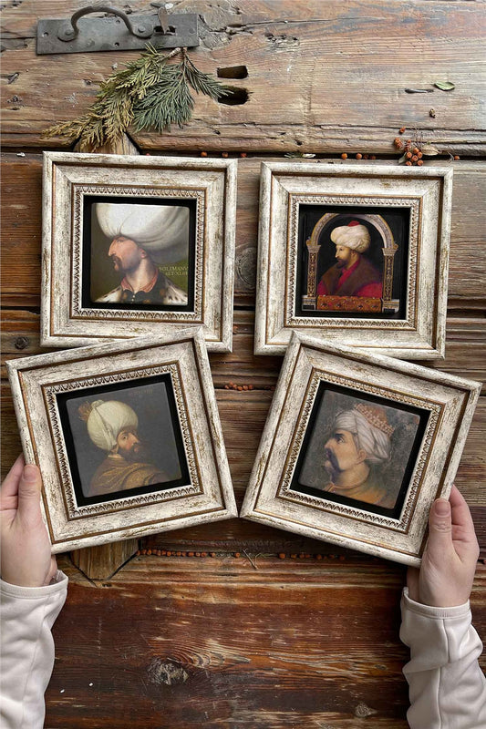 Framed Stone Painting Wall Decoration 8" x 8" Set of 4 Ottoman Sultan Set