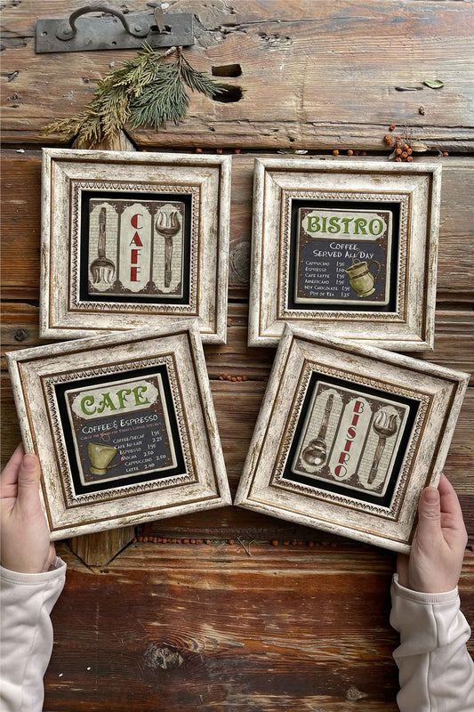 Framed Stone Painting Wall Decoration 8" x 8" Set of 4 Cafe Coffee