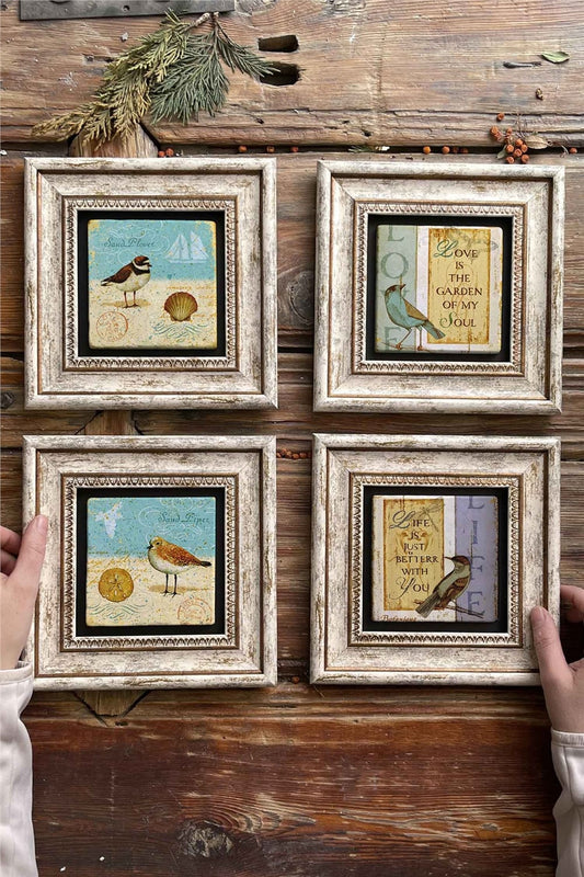 Framed Stone Painting Wall Decoration 8" x 8" Set of 4 Bird Set