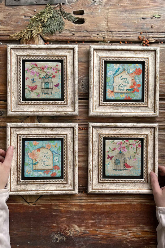 Framed Stone Painting Wall Decoration 8" x 8" Set of 4