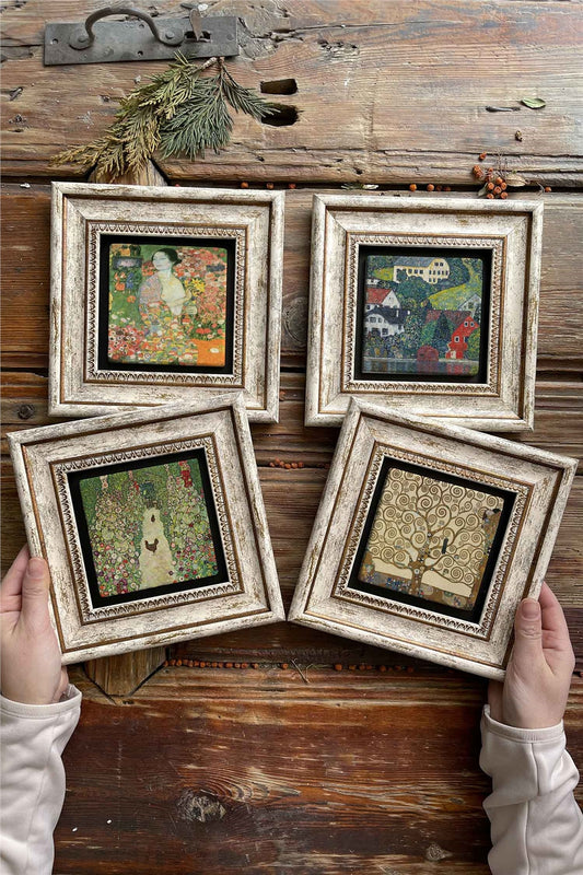 Framed Stone Painting Wall Decoration 8" x 8" Set of 4 Gustav Klimt Paintings