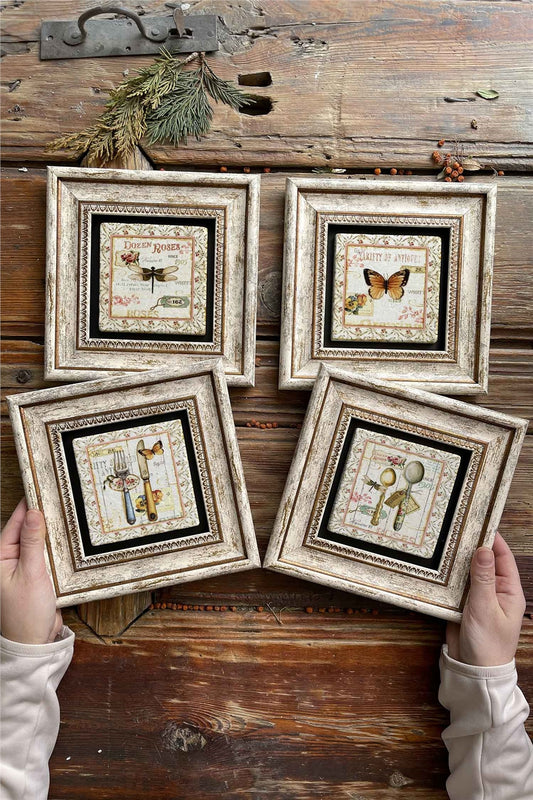 Framed Stone Painting Wall Decoration 8" x 8" Set of 4