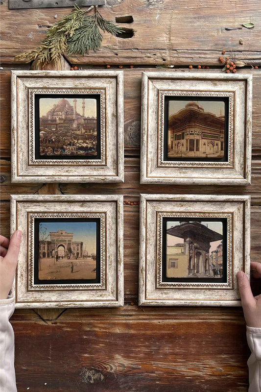 Framed Stone Painting Wall Decoration 8" x 8" Set of 4 Ottoman Fountain