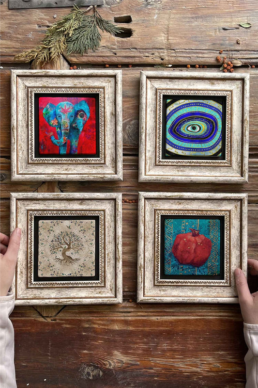 Framed Stone Painting 8" x 8" Set of 4(1488-1100-540-480)Elephant Evil Eye Tree of Life Pomegranate