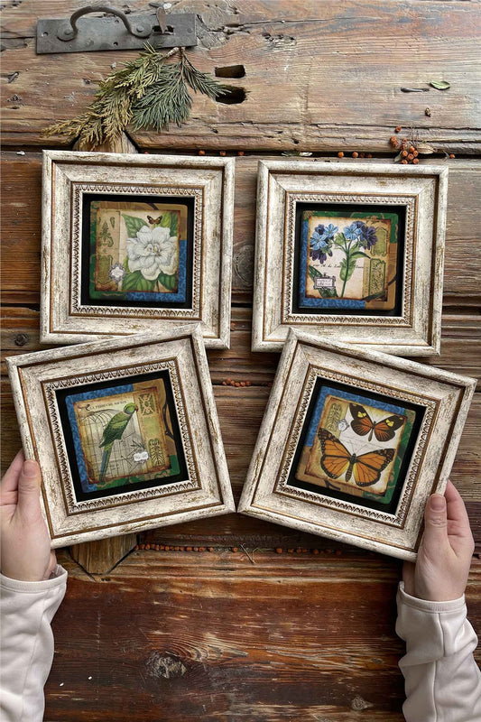 Framed Stone Painting Wall Decoration 8" x 8" Set of 4
