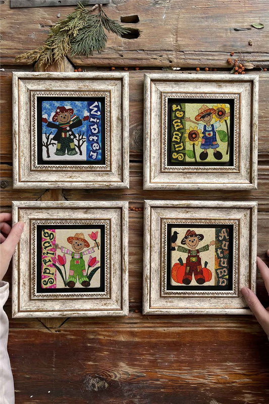 Framed Stone Painting Wall Decoration 8" x 8" Set of 4 Seasonal Paintings