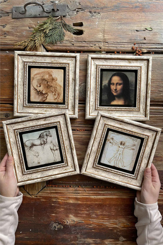 Framed Stone Painting Wall Decoration 8" x 8" Set of 4 Da Vinci Paintings