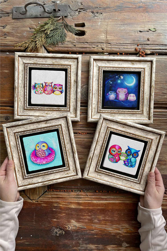 Framed Stone Painting Wall Decoration 8" x 8" Set of 4