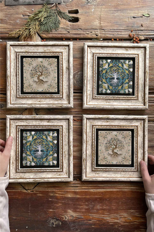 Framed Stone Painting Wall Decoration 8" x 8" Set of 4 Tree of Life Set