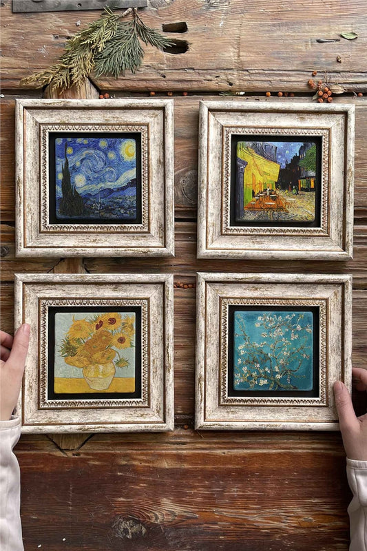 Framed Stone Painting Wall Decoration 8" x 8" Set of 4 Van Gogh Paintings