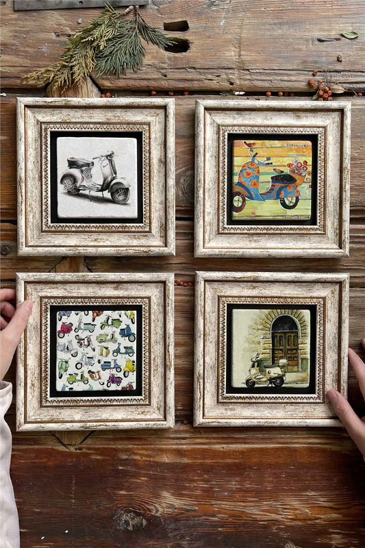 Framed Stone Painting Wall Decoration 8" x 8" Set of 4