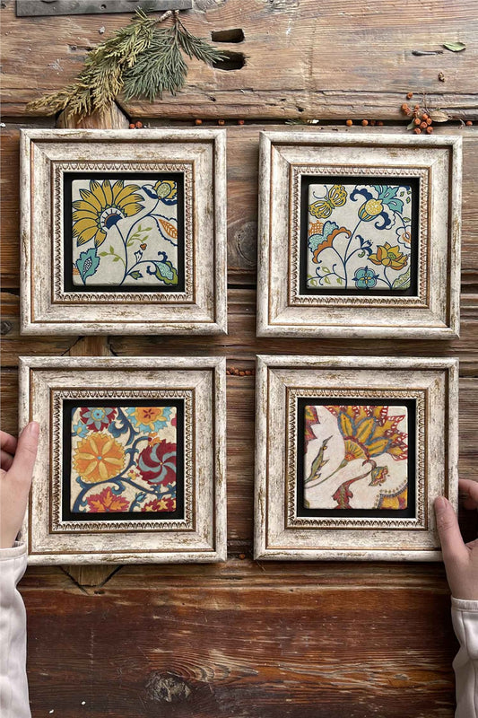 Framed Stone Painting Wall Decoration 8" x 8" Set of 4