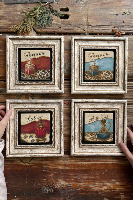 Framed Stone Painting Wall Decoration 8" x 8" Set of 4 Perfume Perfume Set Painting
